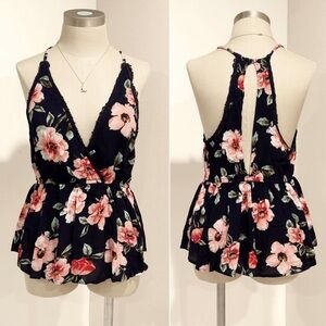 Kendall And Kyle Top| Women's Black Floral V-neck Halter Peplum Top | Size XS